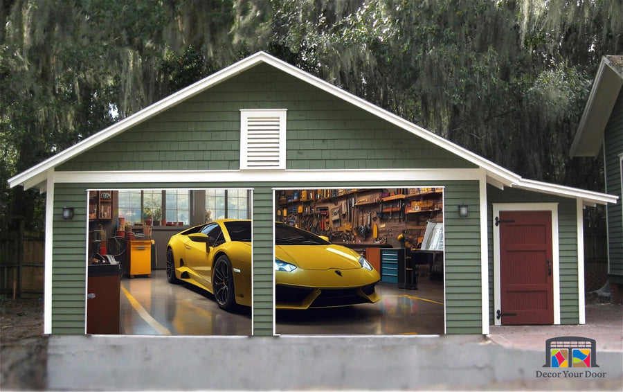Lamborghini Huracán amarillo aparcado en el garaje - Vinilo para puerta de garaje n.º 1