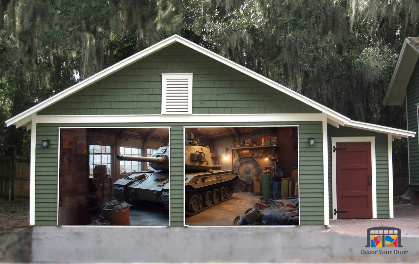 Tank Parked in the Garage - Garage Door Cover Banner Wrap #2