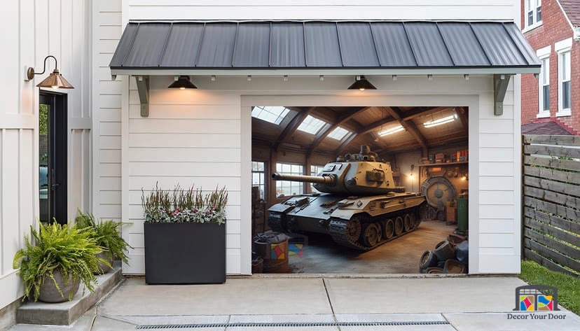 Tank Parked in the Garage - Garage Door Cover Banner Wrap #2