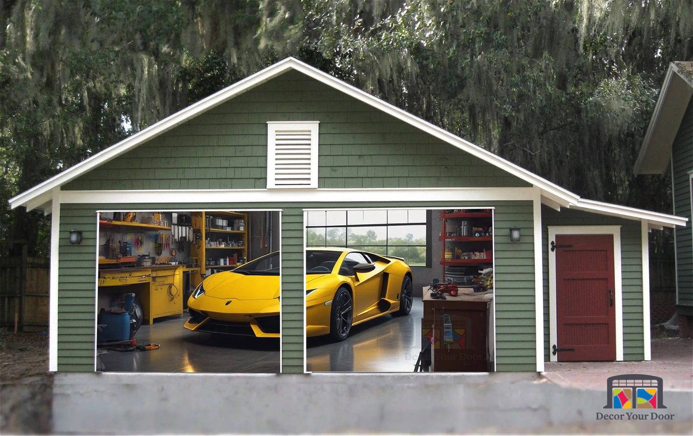 Yellow Lamborghini Huracan Parked in the Garage - Garage Door Cover Banner Wrap #1