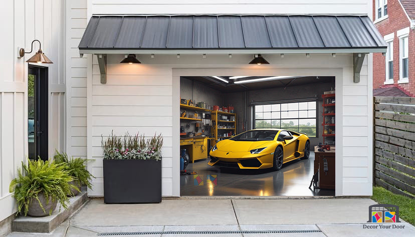 Yellow Lamborghini Huracan Parked in the Garage - Garage Door Cover Banner Wrap #2