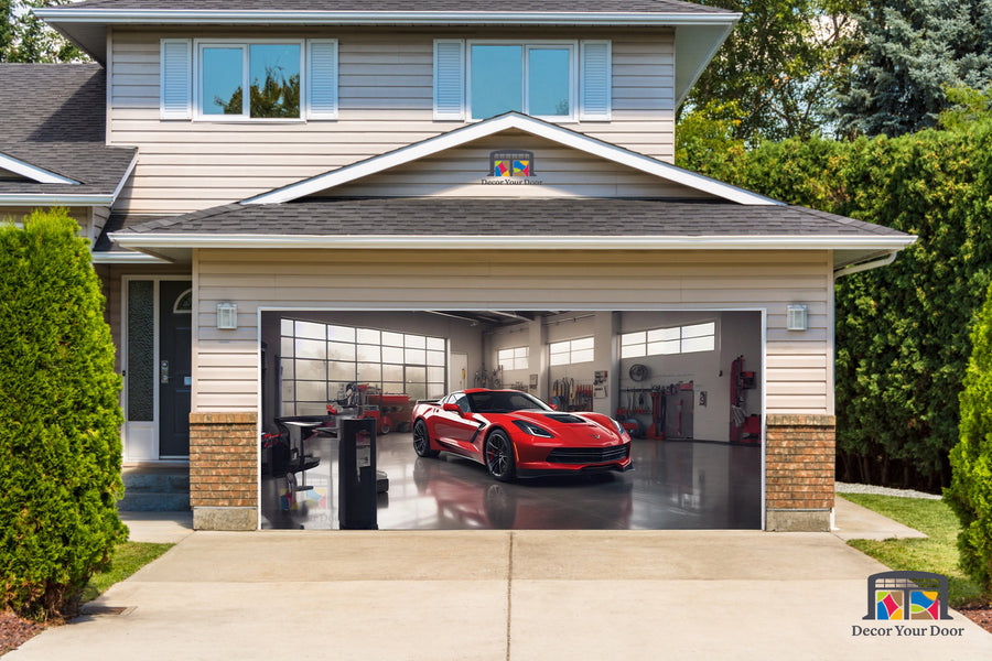 Corvette C7 rojo estacionado en el garaje - Vinilo para puerta de garaje n.° 2
