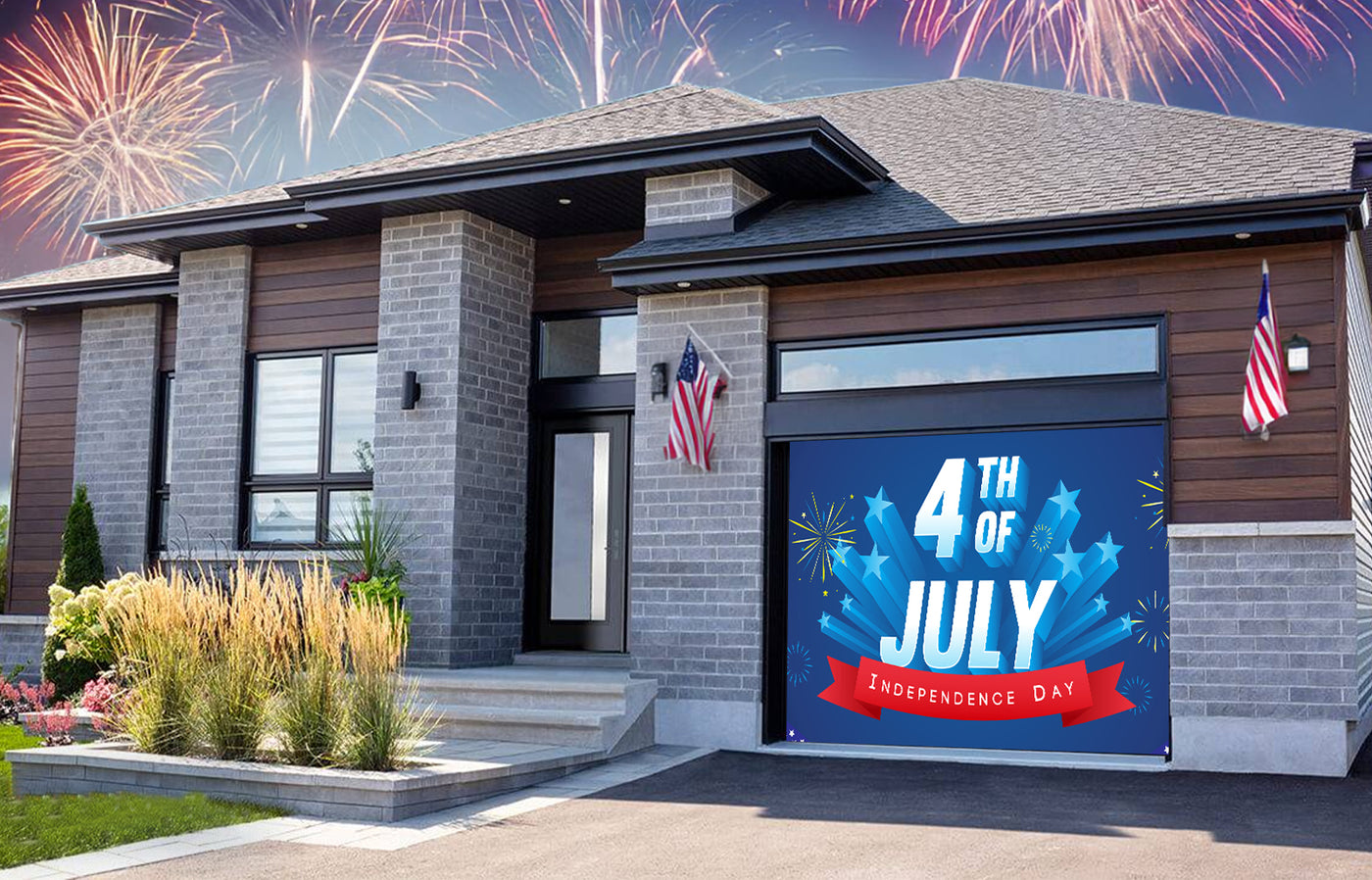 4th of July Fireworks Celebrations With USA Flag Garage Door Cover Banner