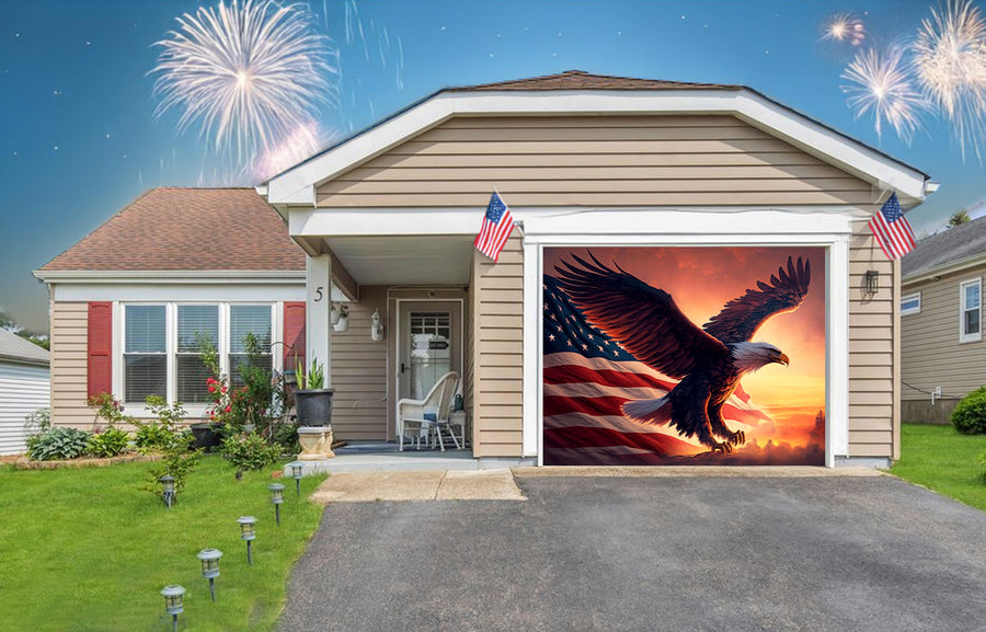 American Eagle And The Flag Of The United States Of America Garage Door Cover Banner