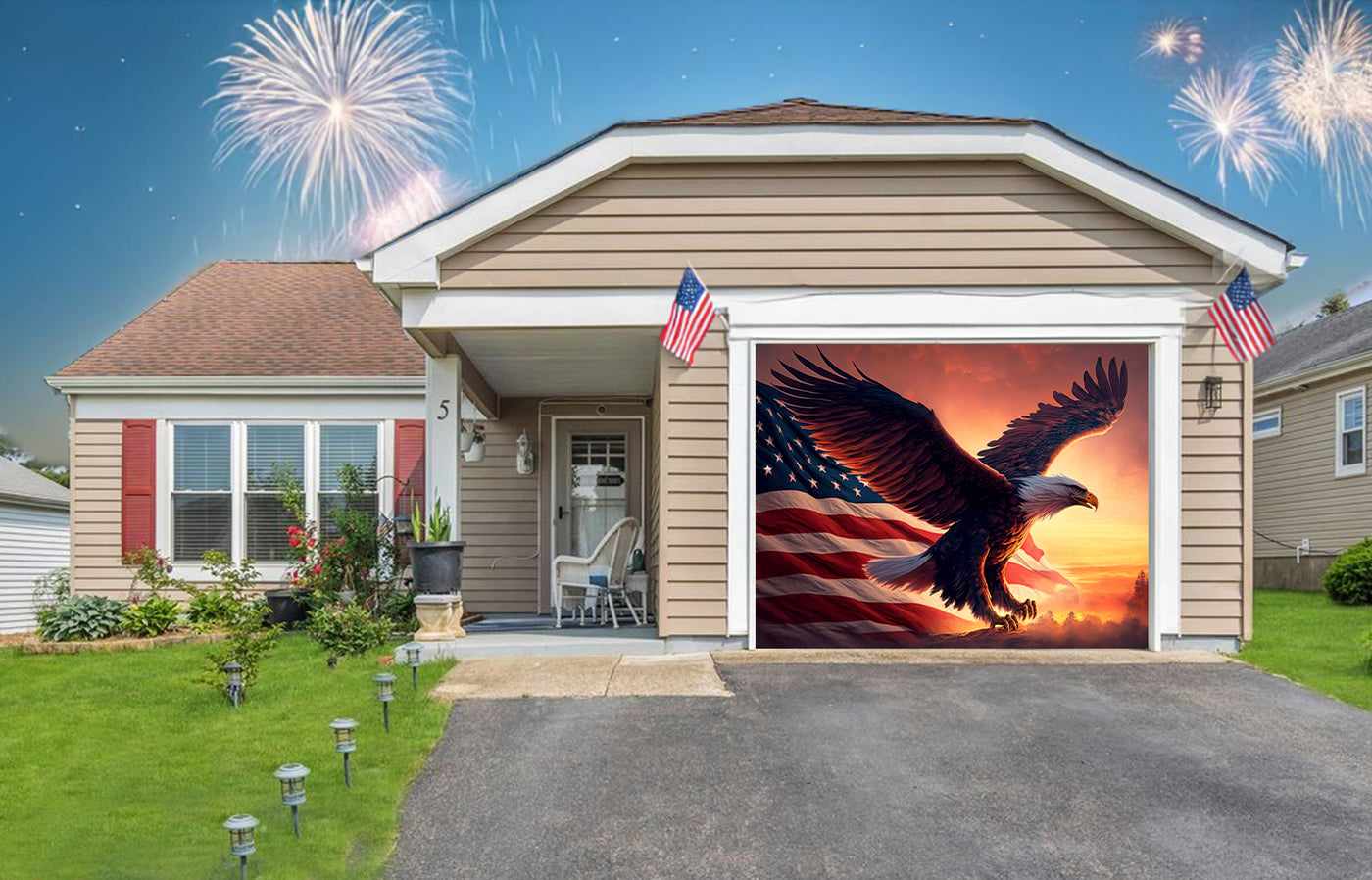 American Eagle And The Flag Of The United States Of America Garage Door Cover Banner