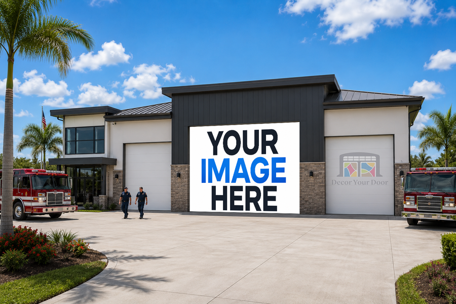 Custom garage door cover for fire station overhead door