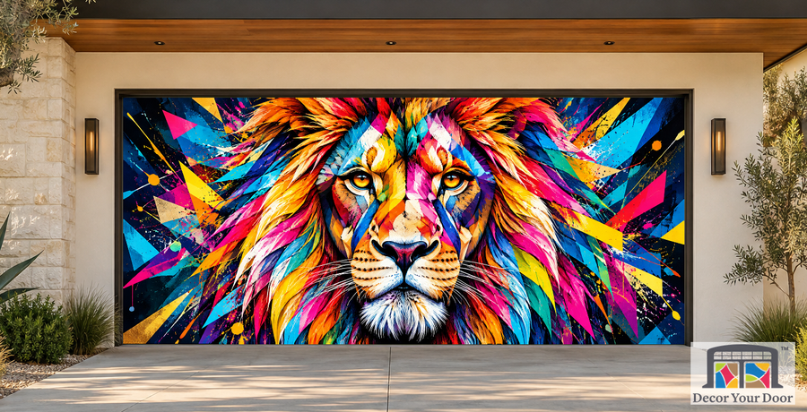 Prismatic Lion King art garage door cover — California Modern — Two-Car Front