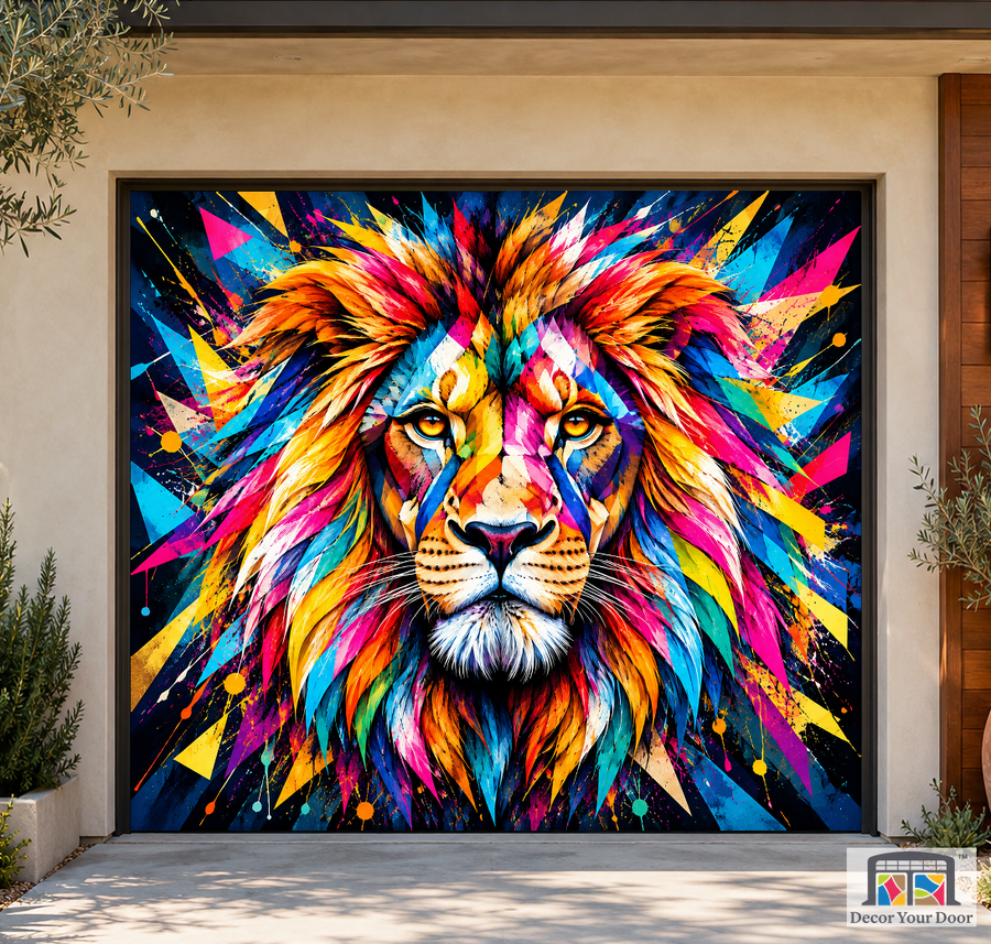 Prismatic Lion King art garage door cover — California Bungalow — One-Car Front