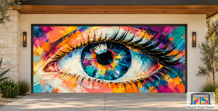 Chromatic Painted Eye art garage door cover — California Modern — Two-Car Front