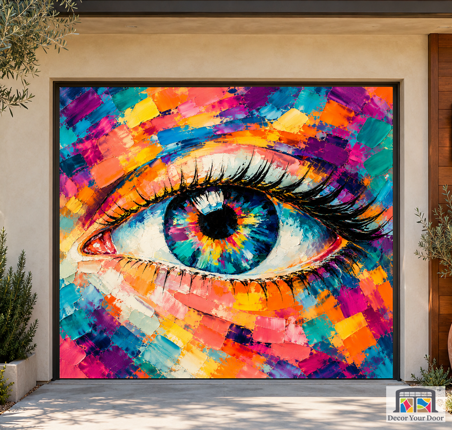 Chromatic Painted Eye art garage door cover — California Bungalow — One-Car Front