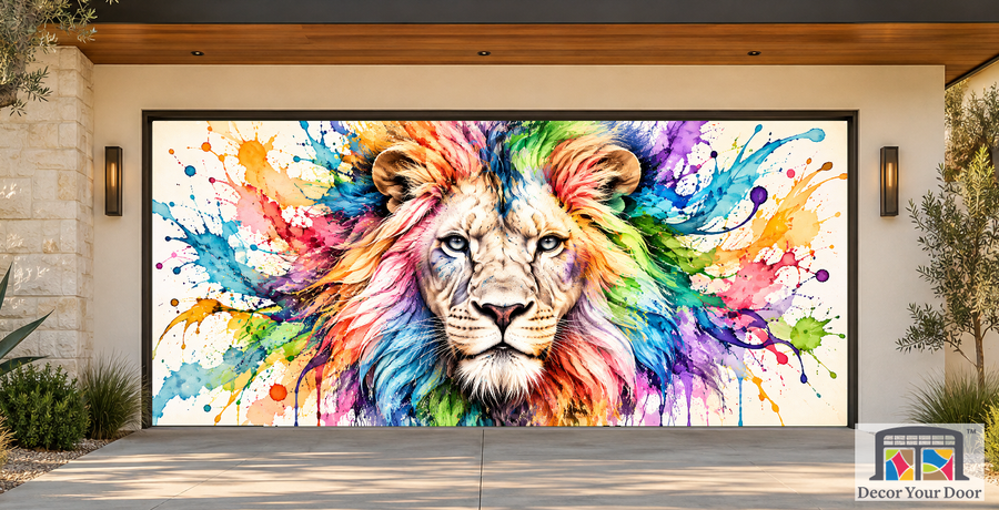 Rainbow Splash Lion art garage door cover — California Modern — Two-Car Front