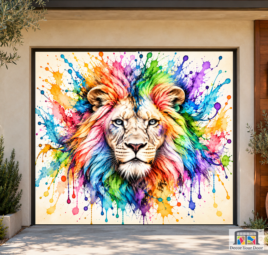 Rainbow Splash Lion art garage door cover — California Bungalow — One-Car Front