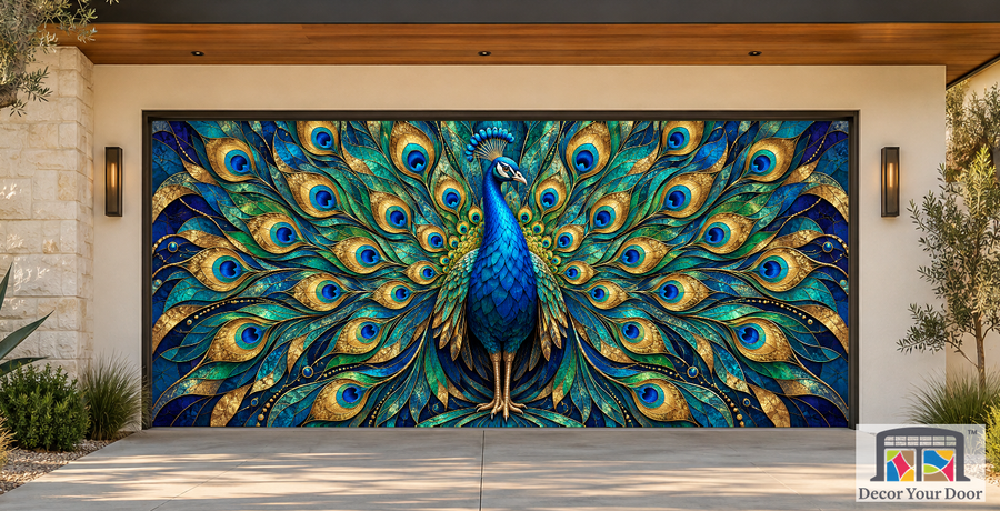 Peacock Jewel Mosaic art garage door cover — California Modern — Two-Car Front
