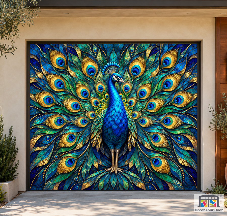 Peacock Jewel Mosaic art garage door cover — California Bungalow — One-Car Front