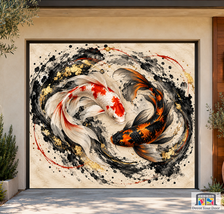 Crimson Koi Harmony art garage door cover — California Bungalow — One-Car Front