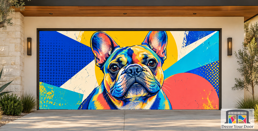 Pop Art Frenchie art garage door cover — California Modern — Two-Car Front