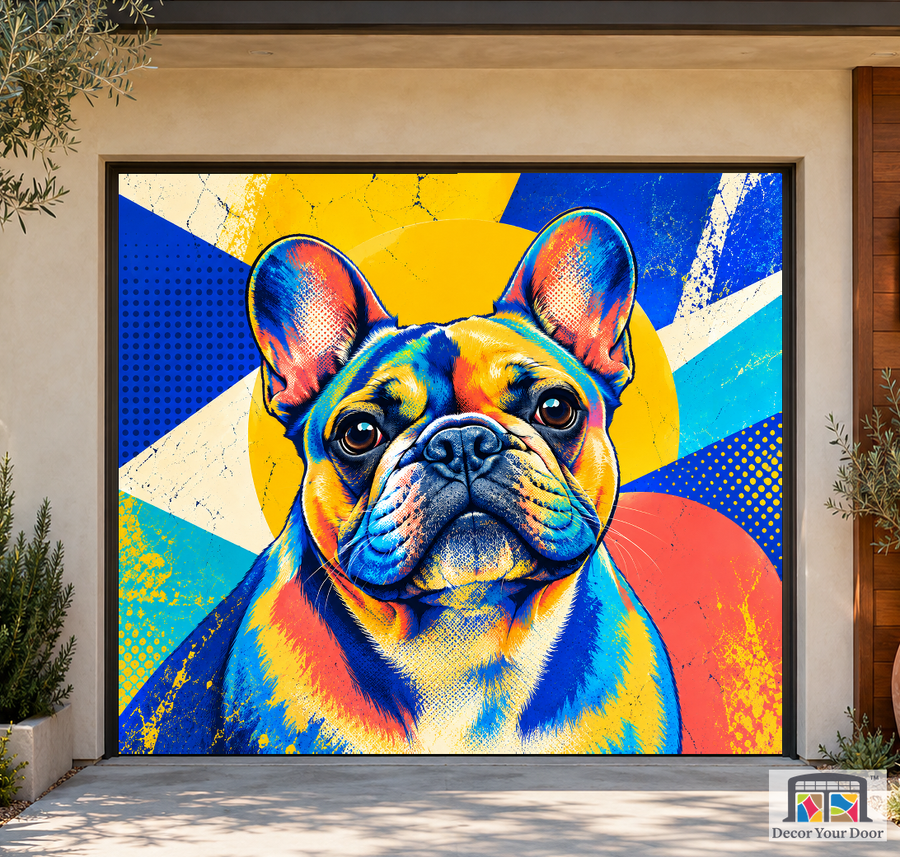 Pop Art Frenchie art garage door cover — California Bungalow — One-Car Front