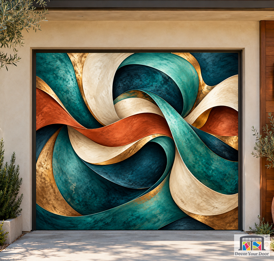 Sculptural Color Flow art garage door cover — California Bungalow — One-Car Front
