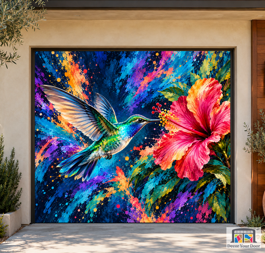 Hummingbird Color Symphony art garage door cover — California Bungalow — One-Car Front
