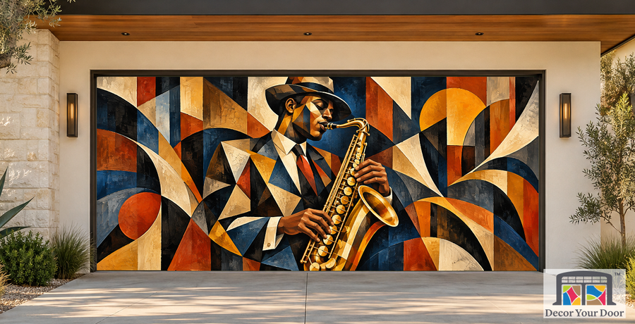 Cubist Jazz Rhythm art garage door cover — California Modern — Two-Car Front