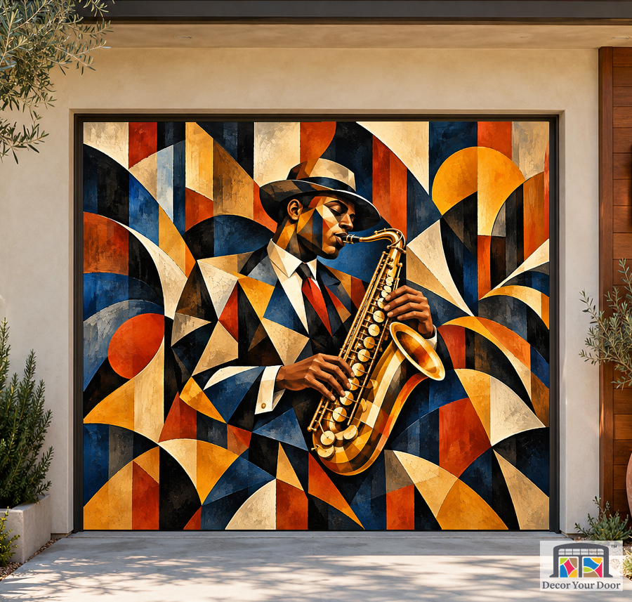 Cubist Jazz Rhythm art garage door cover — California Bungalow — One-Car Front