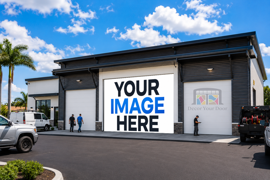 Custom garage door cover for auto repair shop commercial door