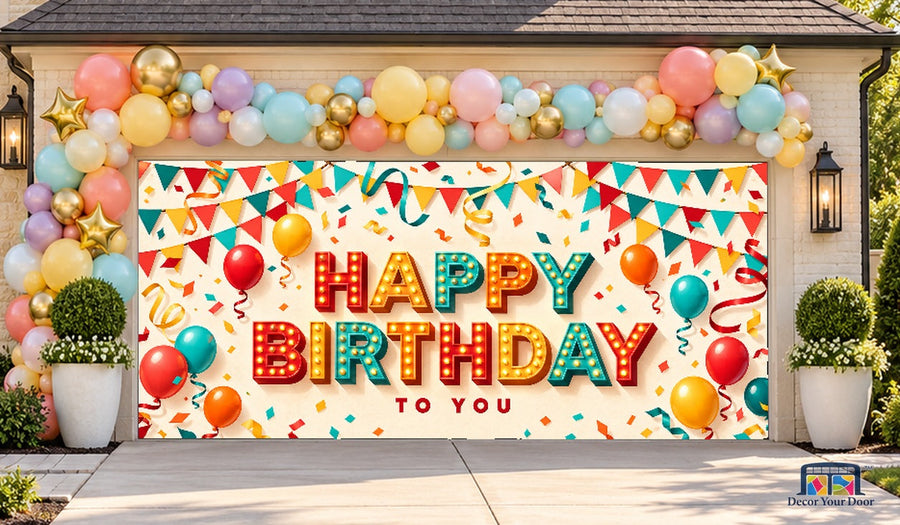 Colorful Marquee Birthday Garage Door Cover — two-car front house view — tighter framing