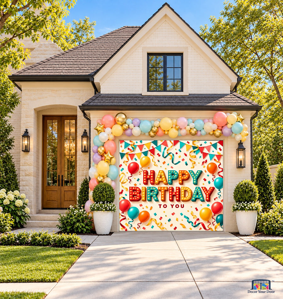Colorful Marquee Birthday Garage Door Cover — one-car front house view