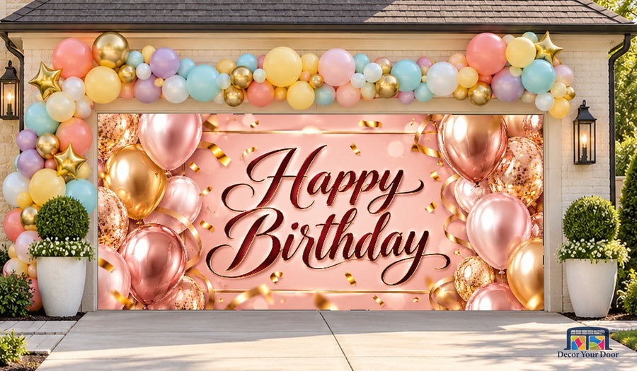 Pink and Gold Birthday Wishes Garage Door Cover — two-car front house view — tighter framing
