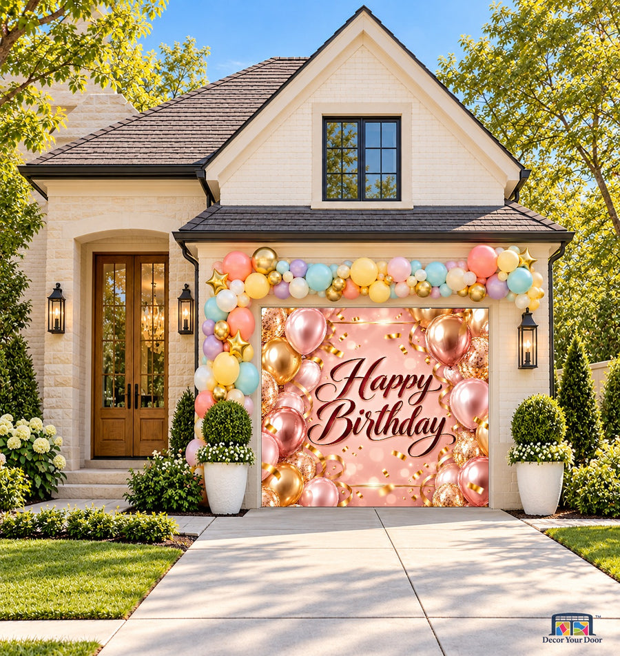 Pink and Gold Birthday Wishes Garage Door Cover — one-car front house view