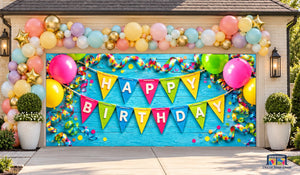 Blue Pennant Birthday Party Garage Door Cover