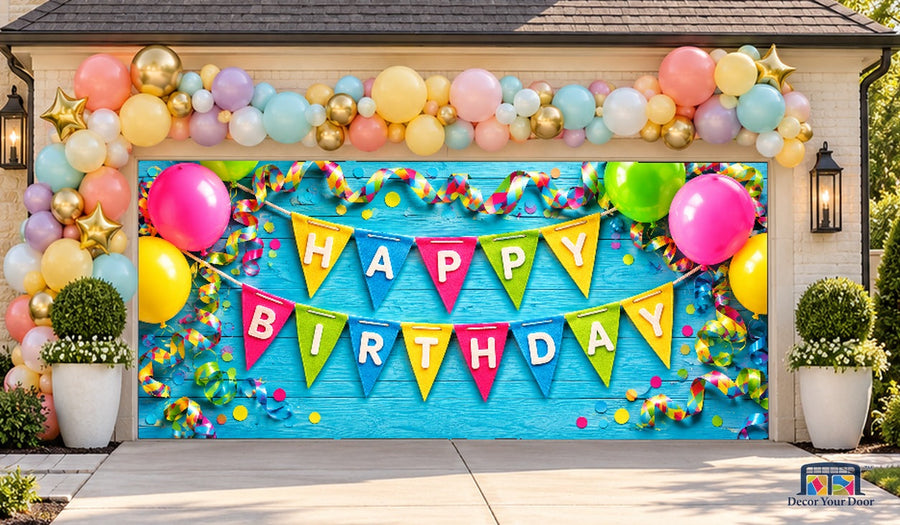 Blue Pennant Birthday Party Garage Door Cover — two-car front house view