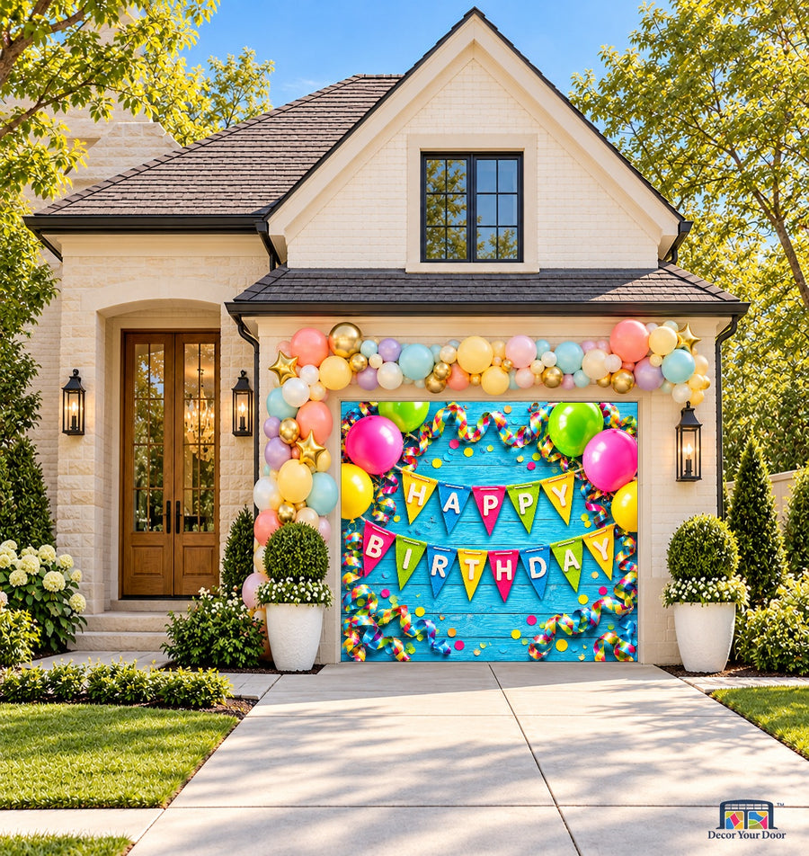 Blue Pennant Birthday Party Garage Door Cover — one-car front house view