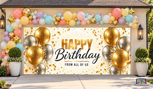 Feliz cumpleaños, globo dorado y plateado, cubierta para puerta de garaje, pancarta de fondo
