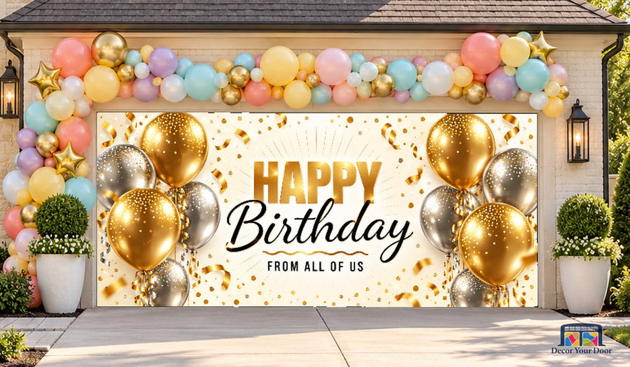 Gold and Silver Birthday Toast Garage Door Cover — two-car front house view