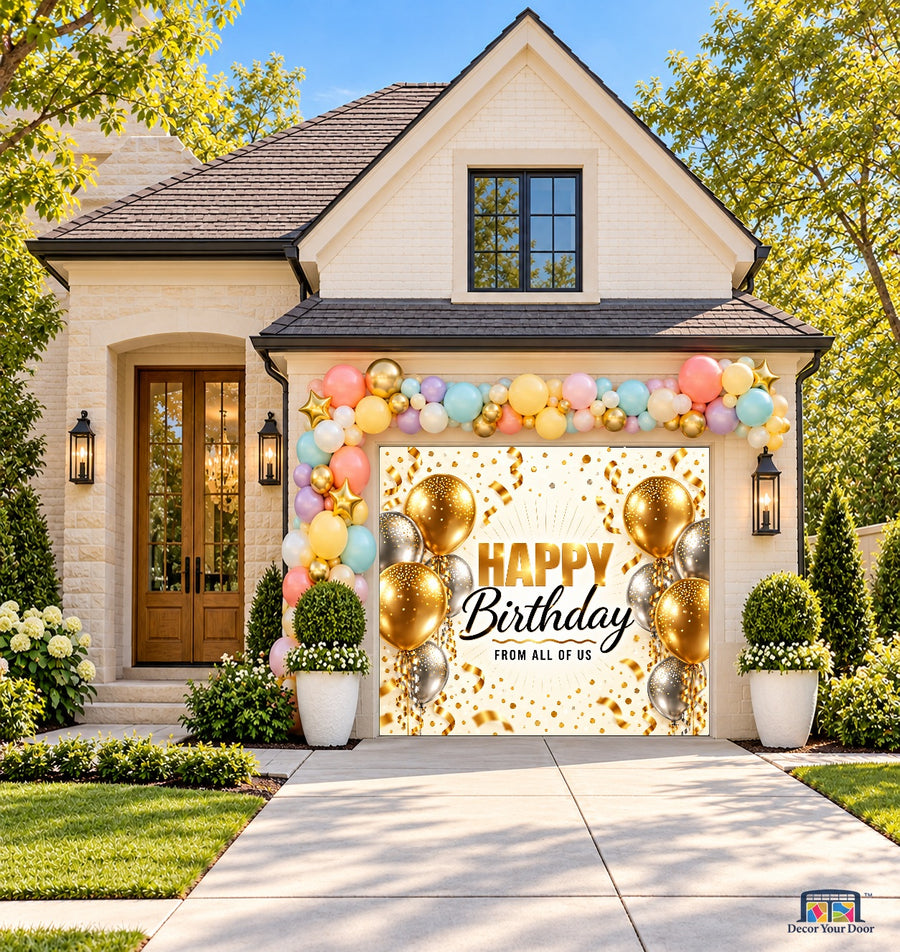 Gold and Silver Birthday Toast Garage Door Cover — one-car front house view