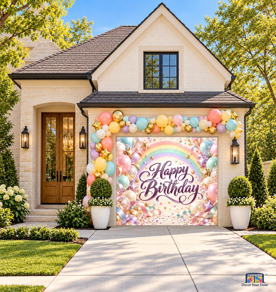 Pastel Rainbow Birthday Garage Door Cover — one-car front house view