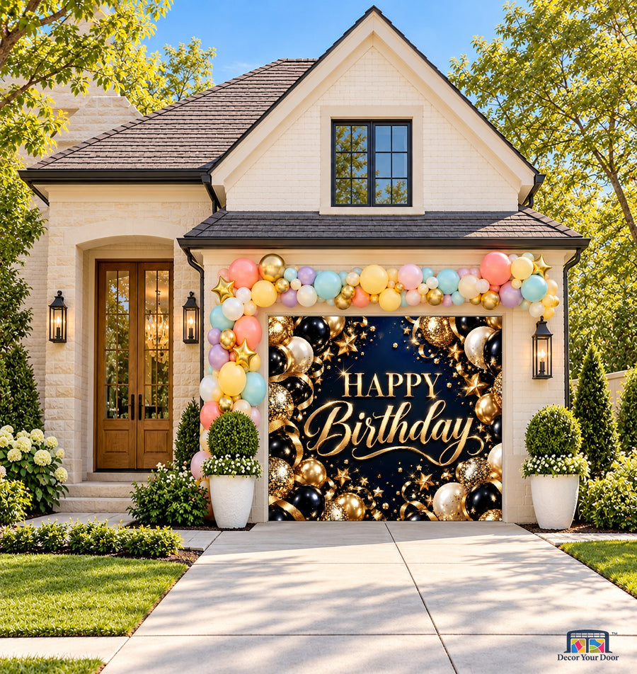 Midnight Gold Birthday Gala Garage Door Cover — one-car front house view