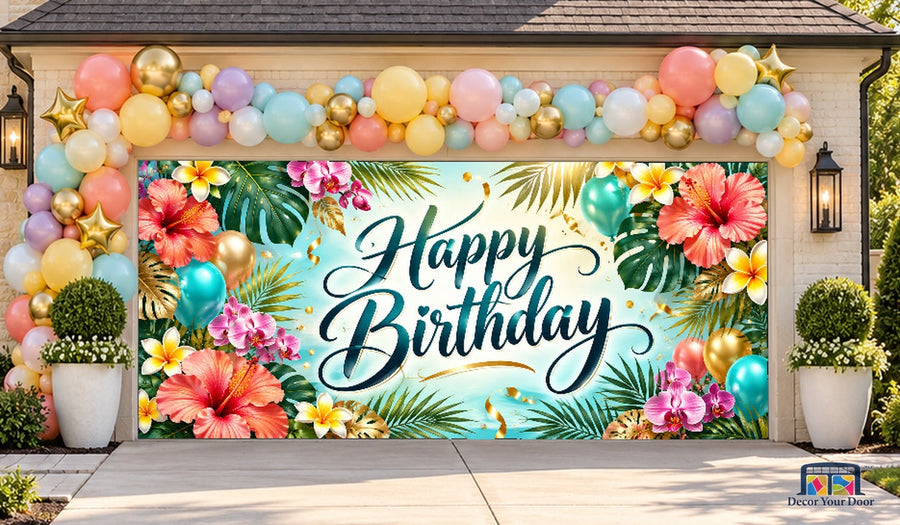 Tropical Birthday Celebration Garage Door Cover — two-car front house view — tighter framing