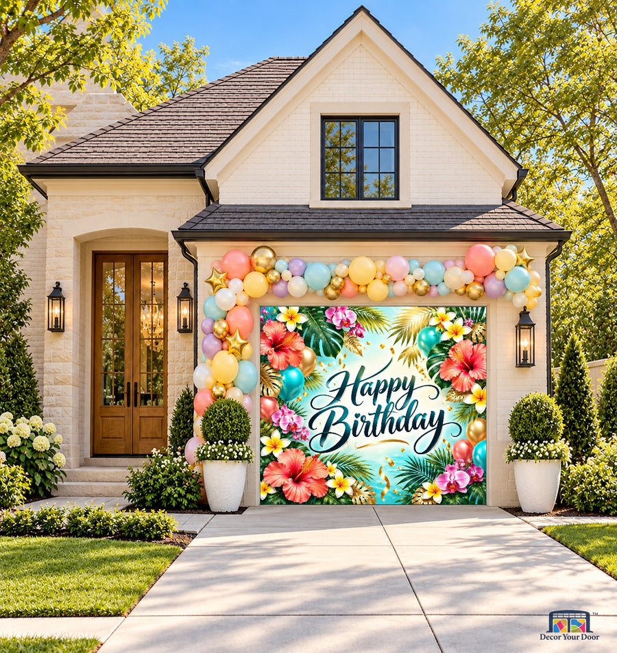 Tropical Birthday Celebration Garage Door Cover — one-car front house view
