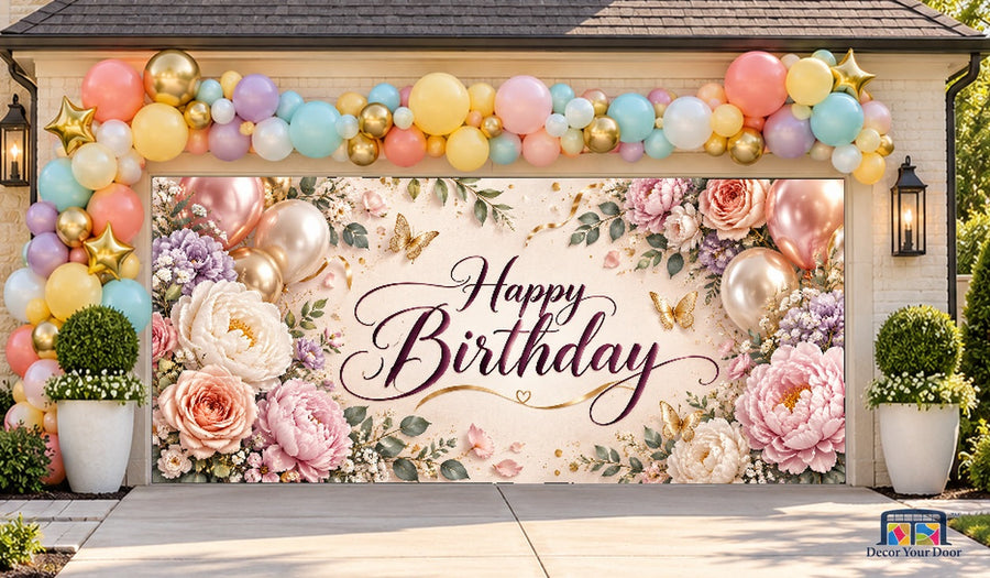 Garden Party Birthday Garage Door Cover — two-car front house view — tighter framing