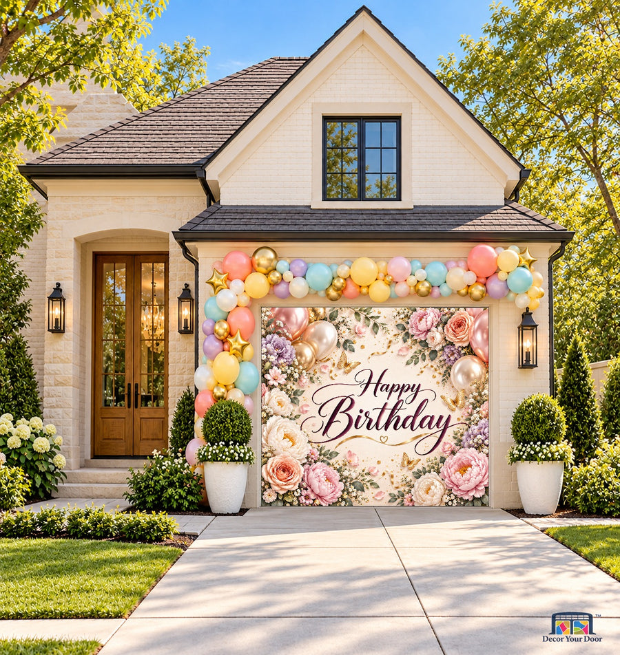 Garden Party Birthday Garage Door Cover — one-car front house view