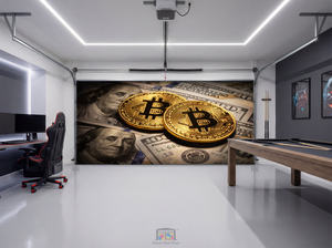 Bitcoin & 100 Dollar Bill Fusion – Game Room Interior Garage Door Cover