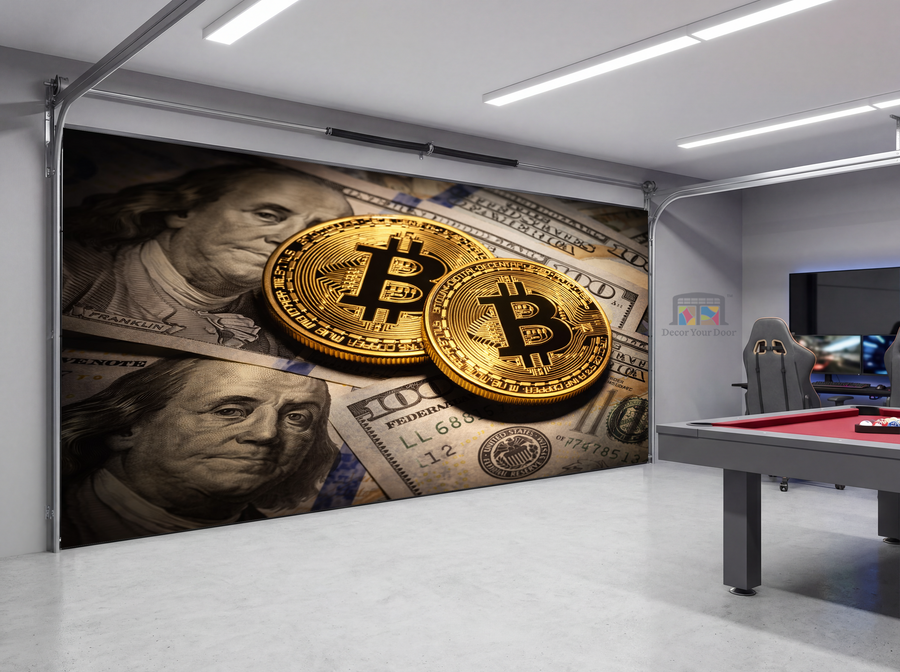 Bitcoin & 100 Dollar Bill Fusion – Game Room Interior Garage Door Cover
