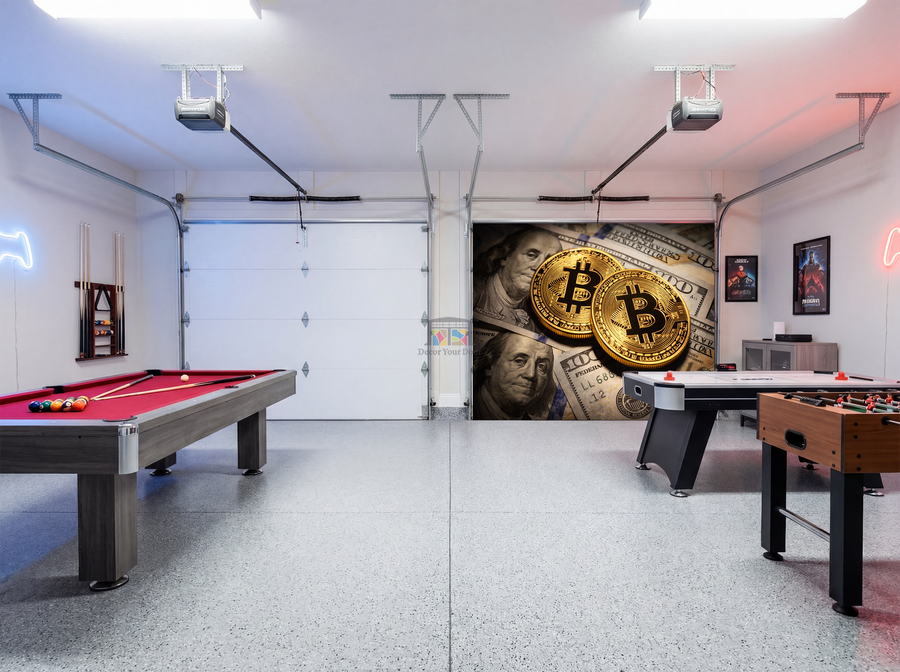 Bitcoin & 100 Dollar Bill Fusion – Game Room Interior Garage Door Cover