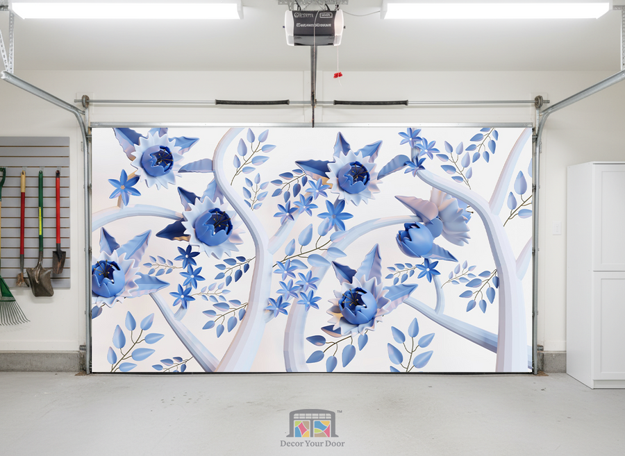 Blue Porcelain Elegance – Interior Garage Door Cover