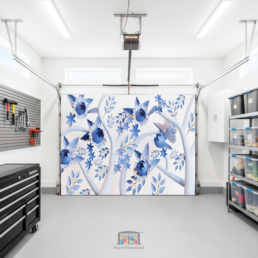 Blue Porcelain Elegance – Interior Garage Door Cover