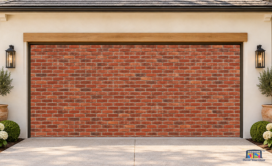 Red Brick Wall garage door cover — two-car garage Front