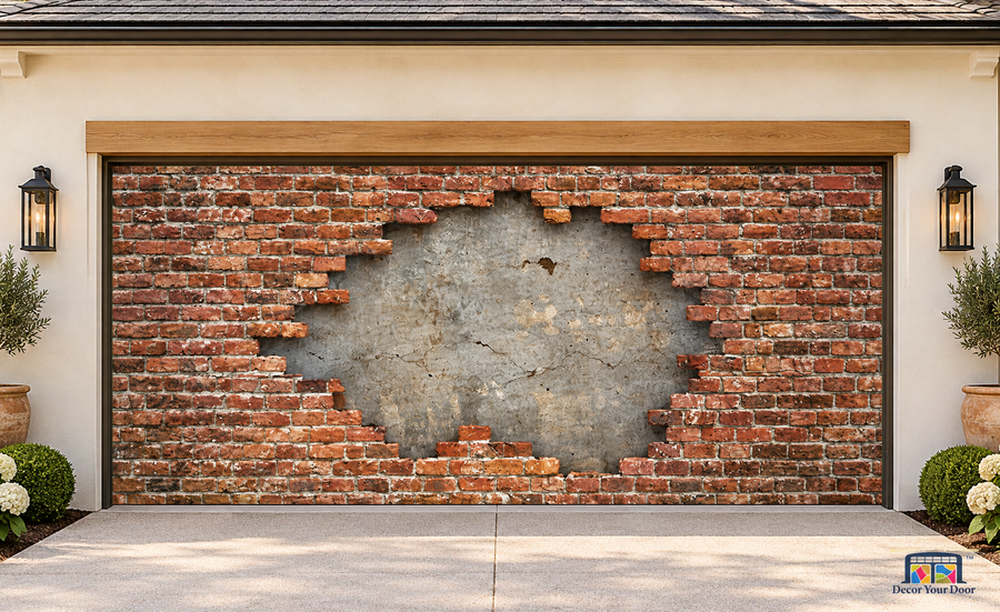 Weathered Red Brick garage door cover — two-car garage Front