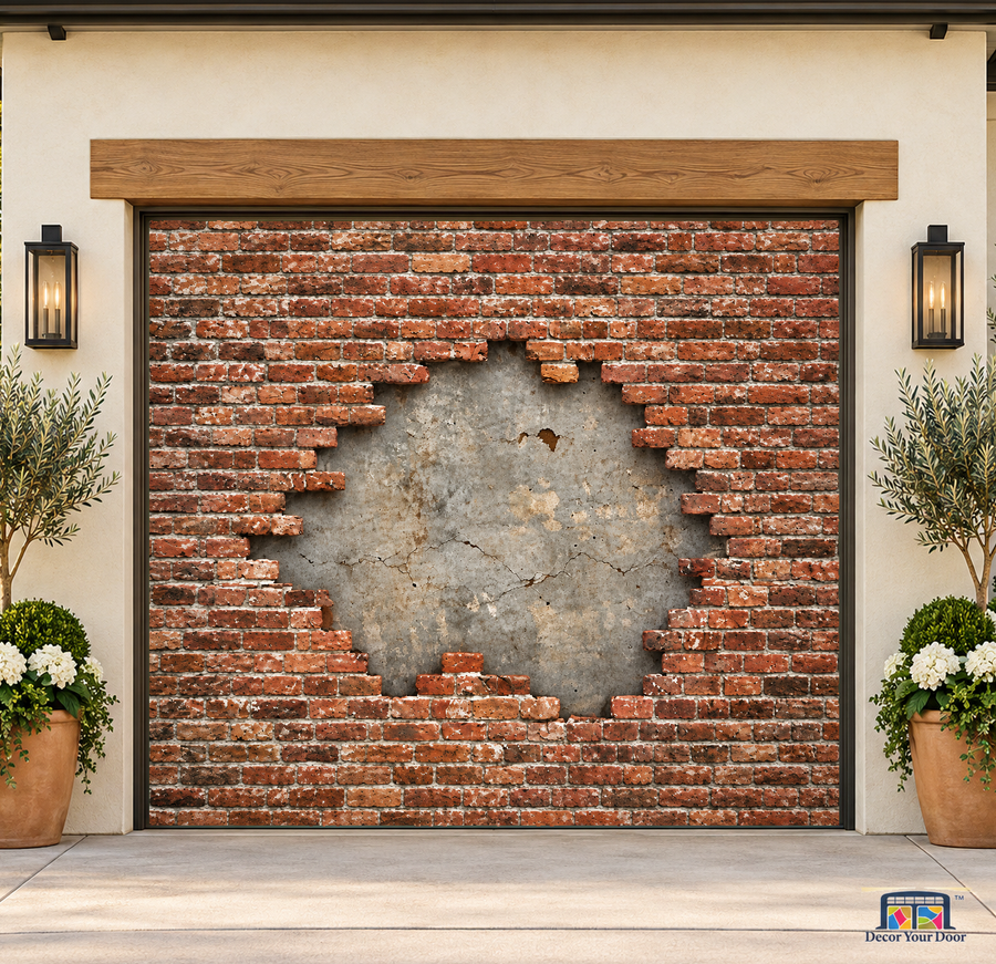 Weathered Red Brick garage door cover — one-car garage Front